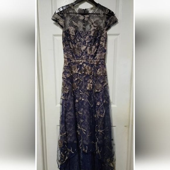 Navy and Gold Floral High Low Dress - Picture 5 of 7